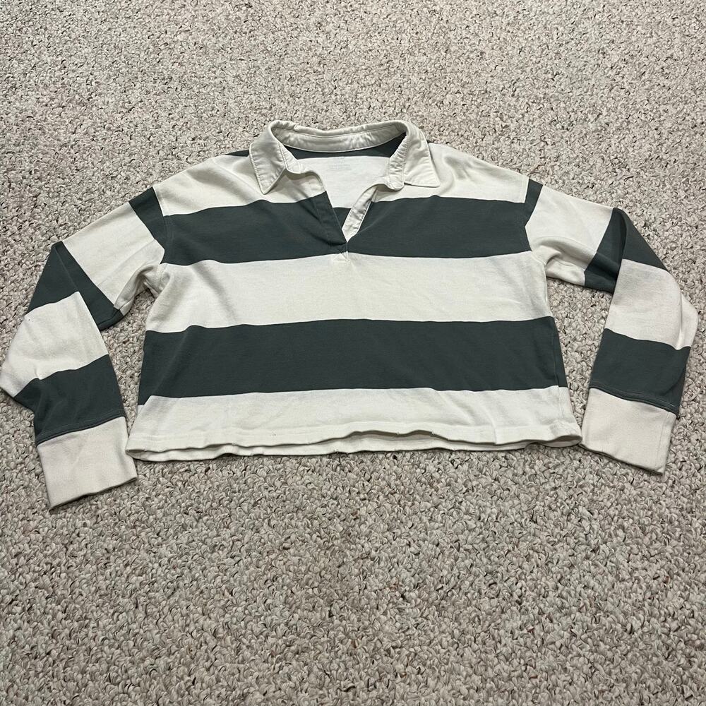 Aerie Cropped Long Sleeve Polo Shirt XS Rugby Striped Preppy Casual